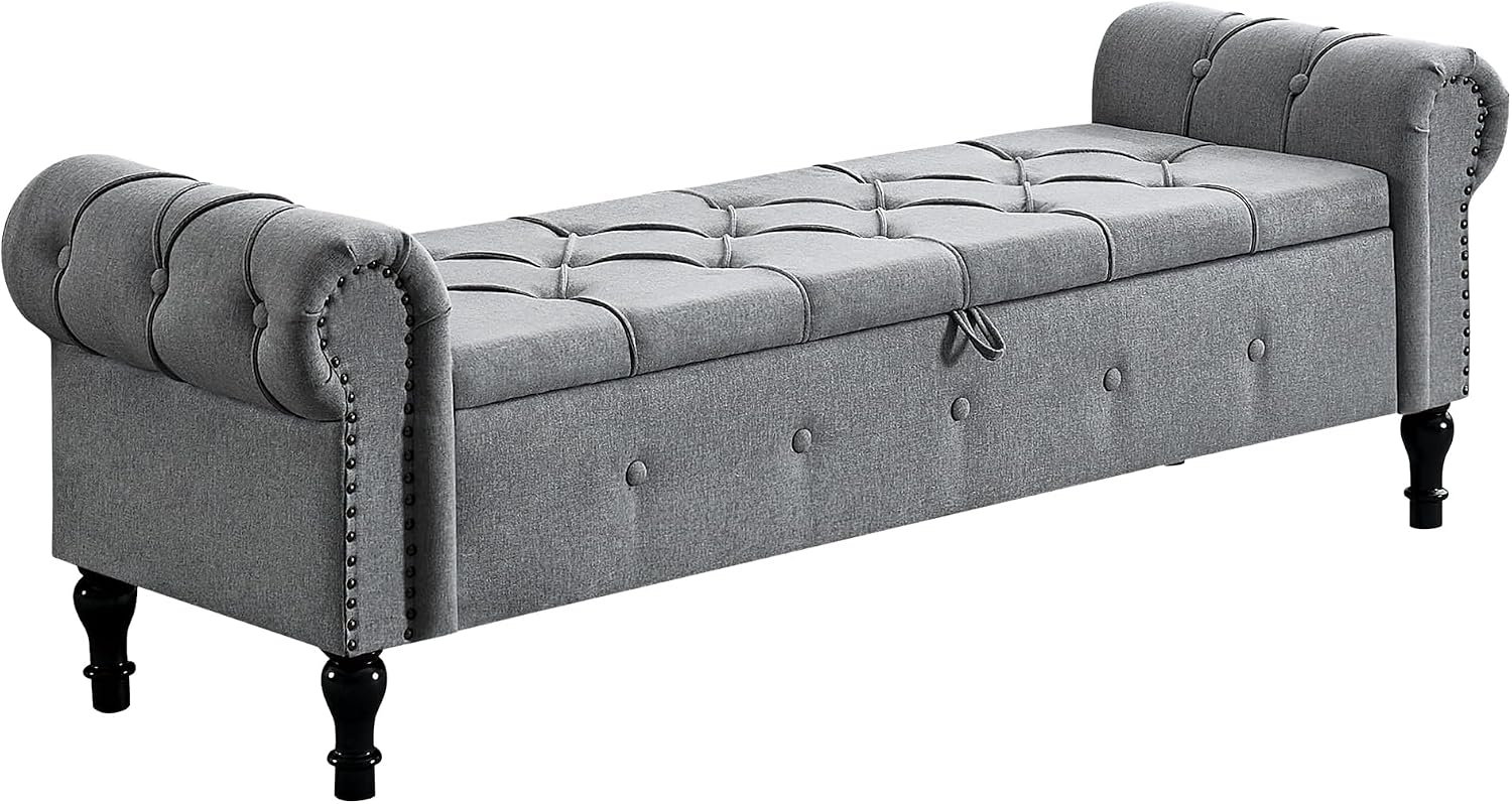 Storage Bench 67" Linen End of Bed Benches Grey | King Size Storage Bench for Bedroom with Rolled Arms Tufted Ottoman Benches Upholstered Bench for Living Room Entryway