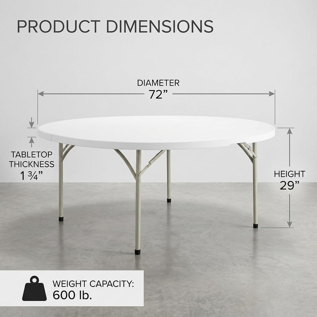 6-Pack 72-Inch Round Plastic Folding Tables, Bulk 6ft Heavy-Duty Commercial Grade Banquet Tables for Events & Weddings, Granite White with Sage Gray Legs
