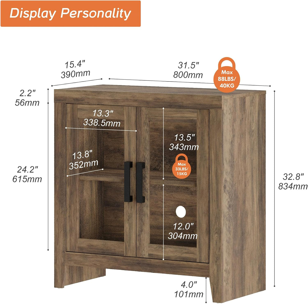 WAMPAT Buffet Cabinet with Storage, Kitchen Sideboard Cabinet with Glass Door and Adjustable Shelf, Modern Farmhouse Credenza Wood Coffee Bar Table for Kitchen, Dining Room, Living Room, Brown