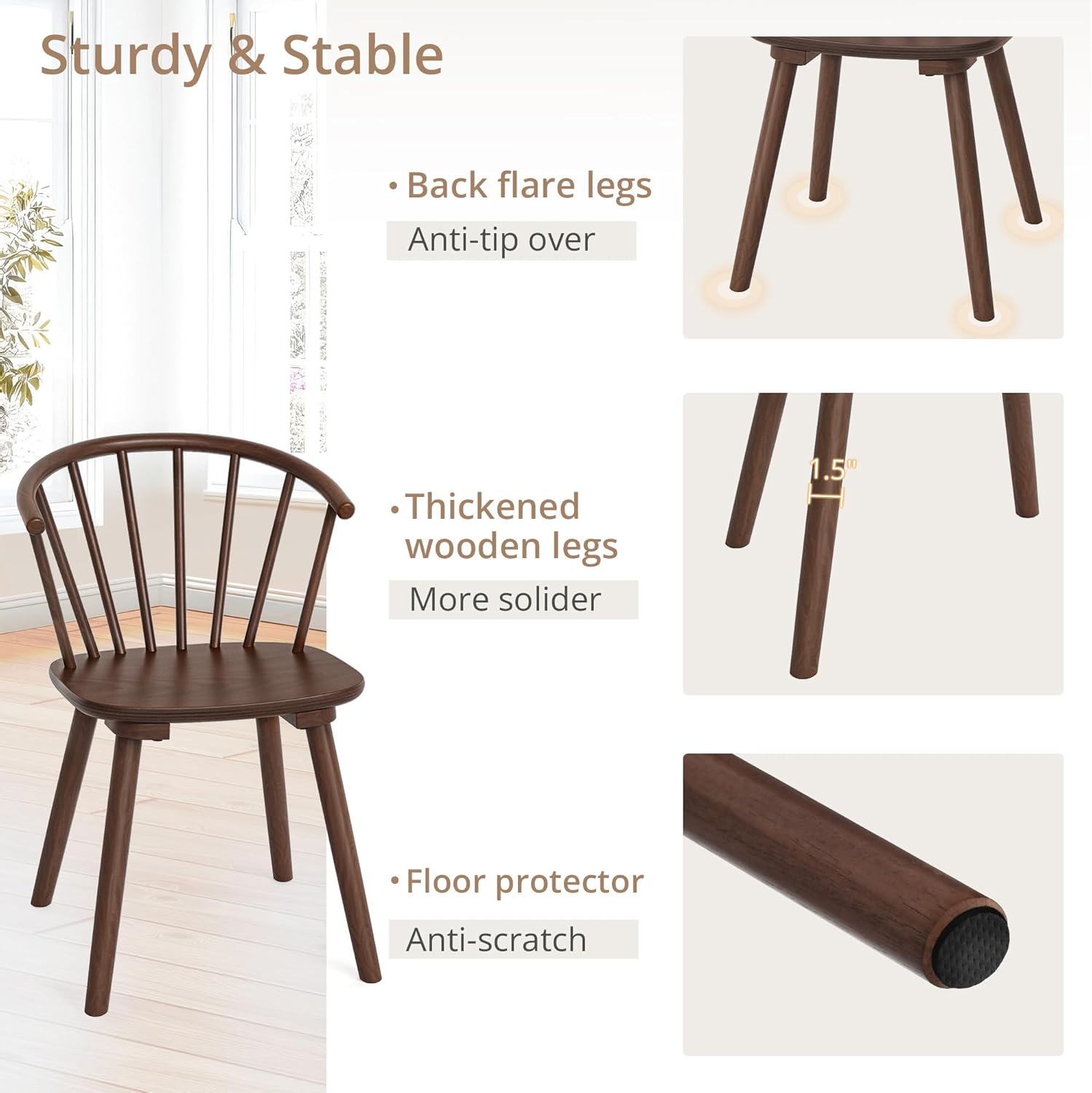 LUE BONA Walnut Dining Chairs Set of 2, Farmhouse Wood Dining Chairs with Semicircular Backrest, Spindle Dining Chair for Kitchen and Dining Room, 18 Inch