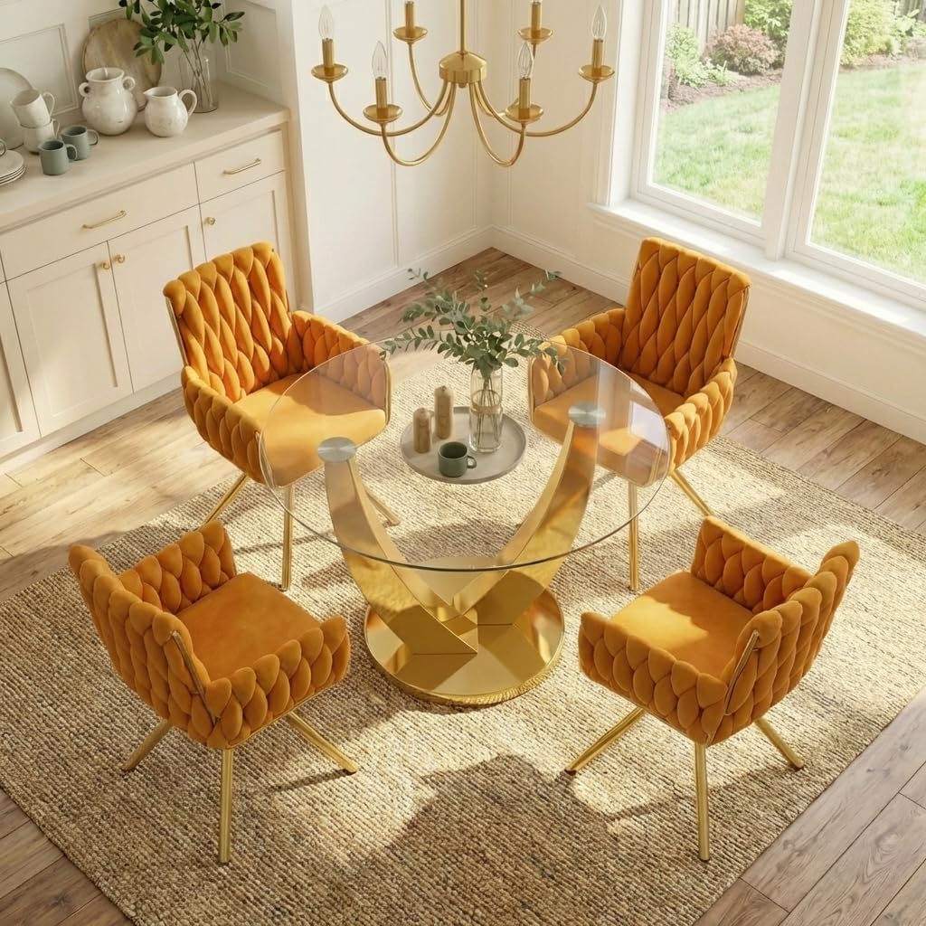 38.9" Round Glass Dining Table for 2-4, Modern Dining Room Table with Tempered Glass Tabletop & Stainless Steel Base, Round Glass Kitchen Table for Home, Small Space(Gold)