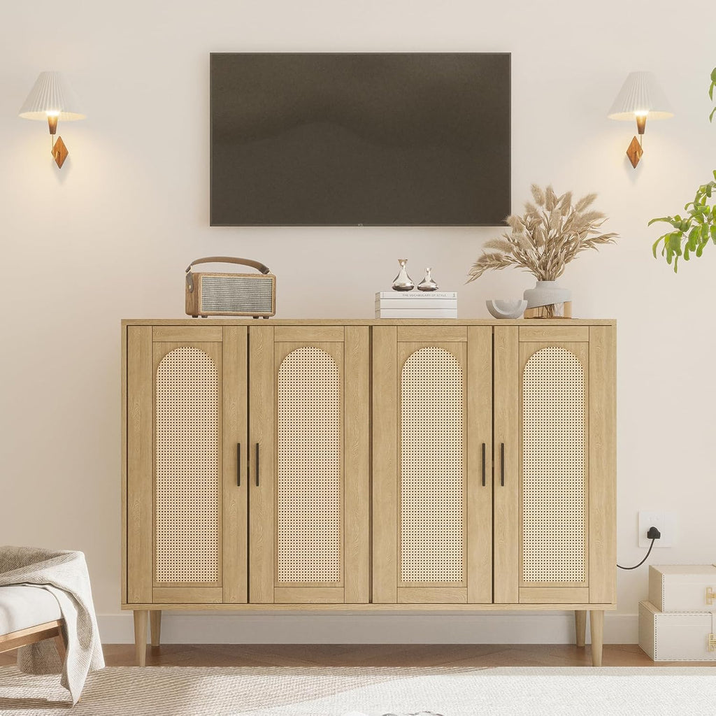 Patikuin Rattan Sideboard Buffet Cabinet, Boho Accent Storage Cabinet, 4 Doors Console Table Coffee Bar with Power Outlet, Adjustable Shelves for Kitchen, Dining Room, Hallway, Living Room (Wood)