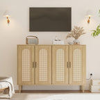 Patikuin Rattan Sideboard Buffet Cabinet, Boho Accent Storage Cabinet, 4 Doors Console Table Coffee Bar with Power Outlet, Adjustable Shelves for Kitchen, Dining Room, Hallway, Living Room (Wood)