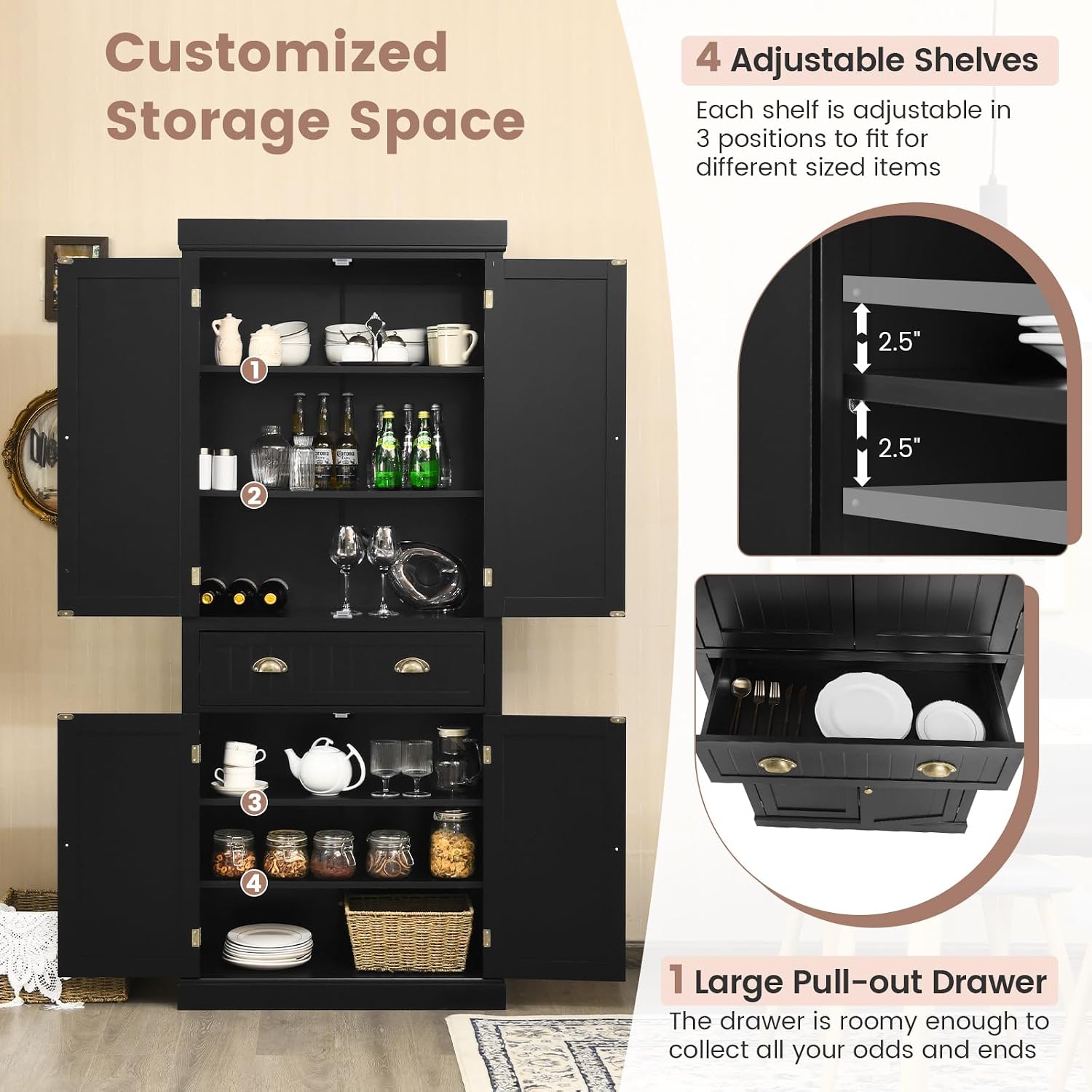 72" Kitchen Pantry Cabinet, Kitchen Cupboard with 2 Double-Doors Cabinet, Large Drawer, 4 Adjustable Shelves, Traditional Tall Storage Cabinets for Dining Room, Bathroom. Black