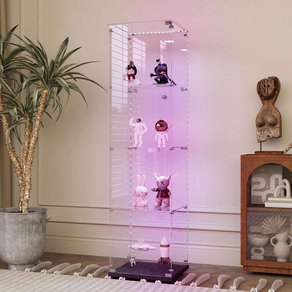 4-Shelf Glass Display Cabinet with LED Lights Strip and Lock, Curio Cabinets Display Case with Casters and 1 Door, Tempered Glass Display Showcase for Living Room,Exhibition Hall - Black