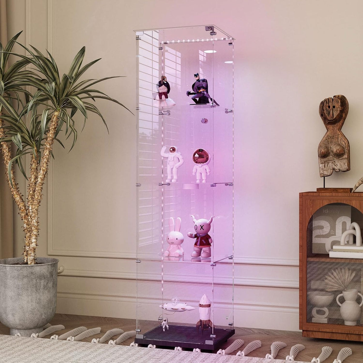 4-Shelf Glass Display Cabinet with LED Lights Strip and Lock, Curio Cabinets Display Case with Casters and 1 Door, Tempered Glass Display Showcase for Living Room,Exhibition Hall - Black