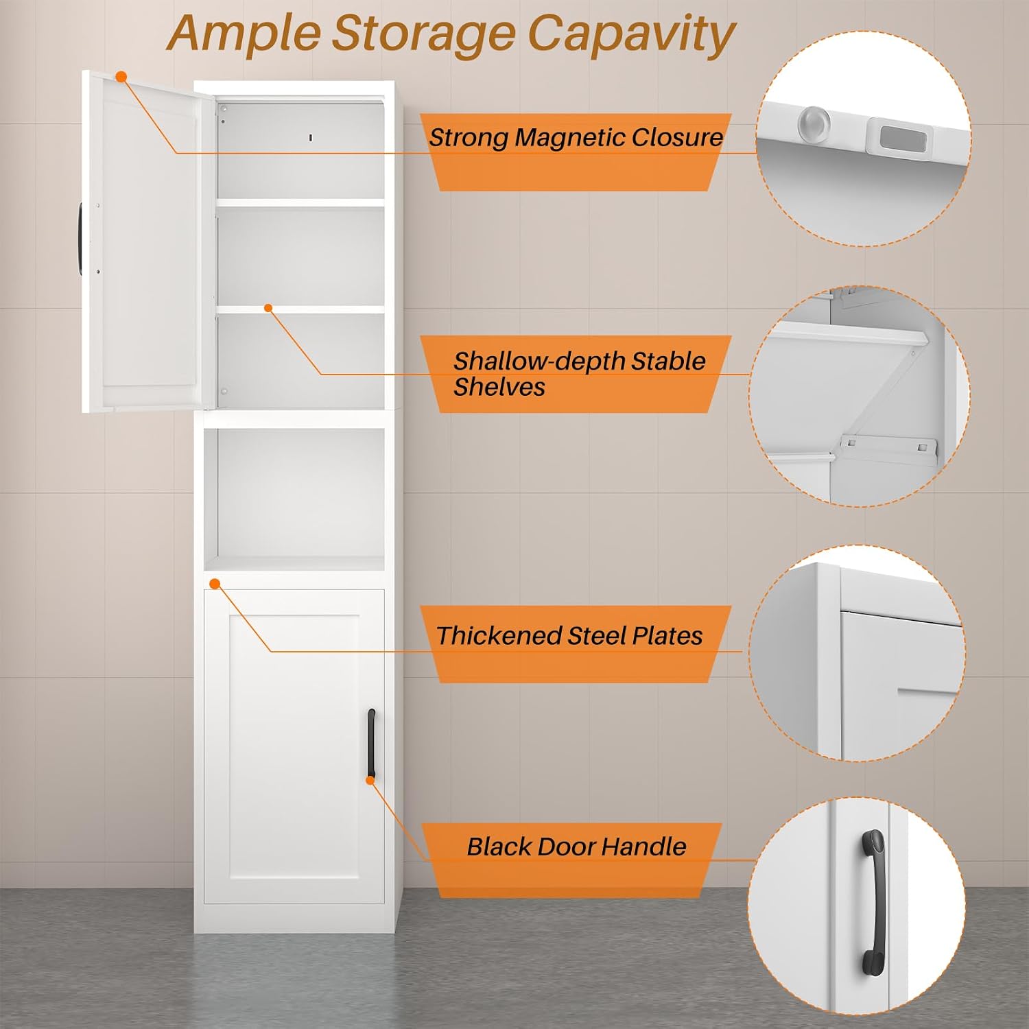 67" Tall Narrow Bathroom Storage Cabinet, Slim Metal Cabinet with Doors and Adjustable Shelves, Freestanding Pantry Organizer for Small Spaces, Bathroom, Kitchen, Laundry Room, Living Room, White