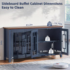 Joaxswe Large Sideboard Buffet Cabinet with Storage, 63" Farmhouse Navy Blue Kitchen Coffee Wine Bar Cabinet with 4 Glass Doors, Mid Century Modern Wood Side Board Table for Dining Room, Living Room