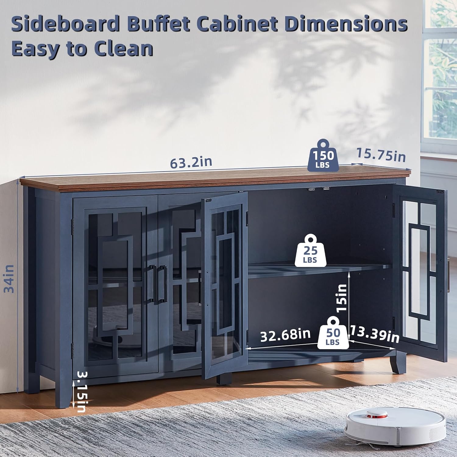 Joaxswe Large Sideboard Buffet Cabinet with Storage, 63" Farmhouse Navy Blue Kitchen Coffee Wine Bar Cabinet with 4 Glass Doors, Mid Century Modern Wood Side Board Table for Dining Room, Living Room