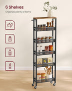 VASAGLE Slim Storage Cart, 6-Tier Rolling Utility Cart, Skinny Shelf for Kitchen Pantry, Narrow Bathroom Organizer, 17.9 x 5.9 x 51.7 inch, Rustic Brown and Matte Black, Dacey Collection ULRC038K101