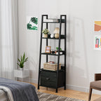 Furologee Ladder Shelf, 5 Tier Bookshelf with Fabric Drawer, Black Oak
