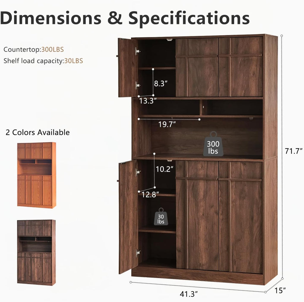 72" Pantry Cabinet, Tall Kitchen Pantry Storage Cabinet with Countertop, Adjustable Shelves, Mid Century Modern Wooden Kitchen Hutch with Skeleton Lines for Living Room, Dining Room, Walnut