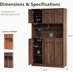 72" Pantry Cabinet, Tall Kitchen Pantry Storage Cabinet with Countertop, Adjustable Shelves, Mid Century Modern Wooden Kitchen Hutch with Skeleton Lines for Living Room, Dining Room, Walnut