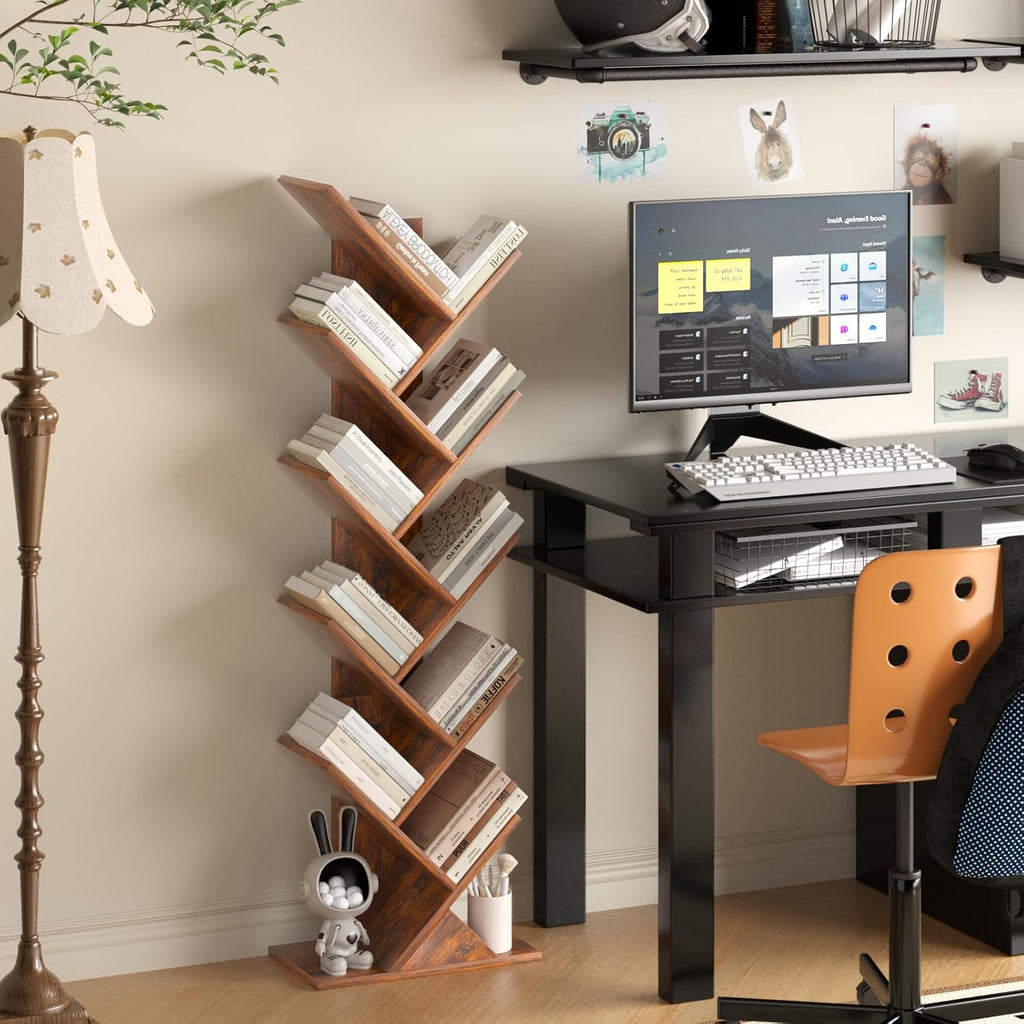 SHEEPAM 10 Tier Tree Book Shelf, Floor Standing Wood Bookshelf for Narrow Space, Storage Organizer Bookshelves for Books/CDs/Magazine, Bookcase with Shelves for Home Office, Living Room - Brown