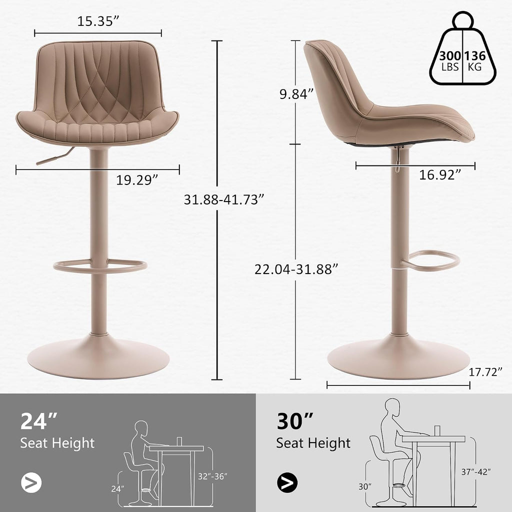 YOUTASTE Bar Stools Set of 2, Adjustable Swivel Counter Height Barstools with Back, All Khaki Faux Leather Upholstered Bar Chairs with Metal Base, Stools for Kitchen Island or Home Bar