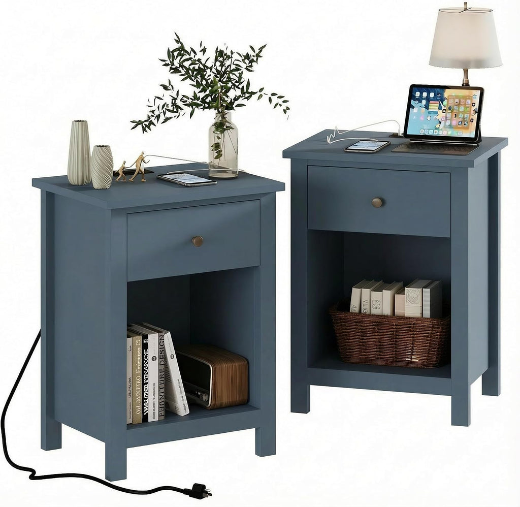 ChooChoo Farmhouse Nightstand with Charging Station Set of 2 | Wooden Top Bedside End Table with Drawer and Storage Space for Bedroom, Blue