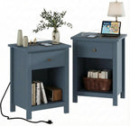 ChooChoo Farmhouse Nightstand with Charging Station Set of 2 | Wooden Top Bedside End Table with Drawer and Storage Space for Bedroom, Blue