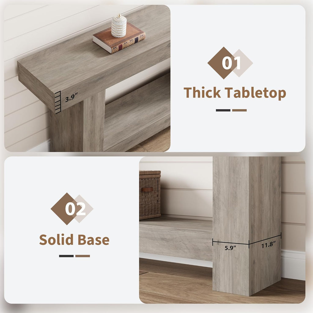 GarveeHome Entryway Console Table, Farmhouse 2-Tier Entryway Table, Long Sofa Accent Table Behind Couch Table with Open Storage for Entrance, Living Room, Hallway, Light Grey, 63"