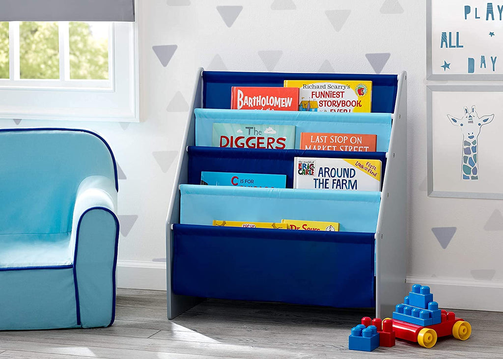 Delta Children MySize Kids Wood Table and Chair Set (2 Chairs Included) & Sling Book Rack Bookshelf for Kids - Easy-to-Reach Storage for Books, Magazines or Coloring Books, Grey/Blue