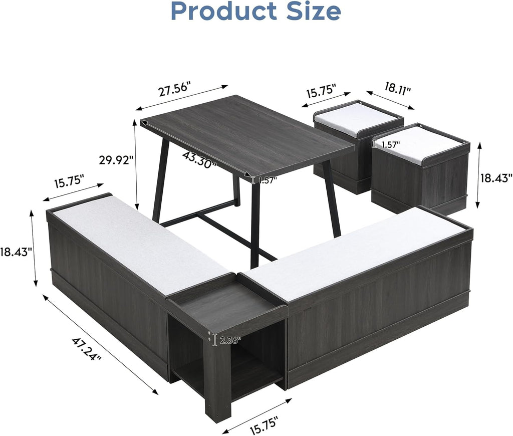 Brafab Corner Dining Table Set, 43 Inch Breakfast Nook Table Set with Bench with Hidden Storage & 2 Ottomans, 5-Piece Corner Bench Dining Table Set, Brown