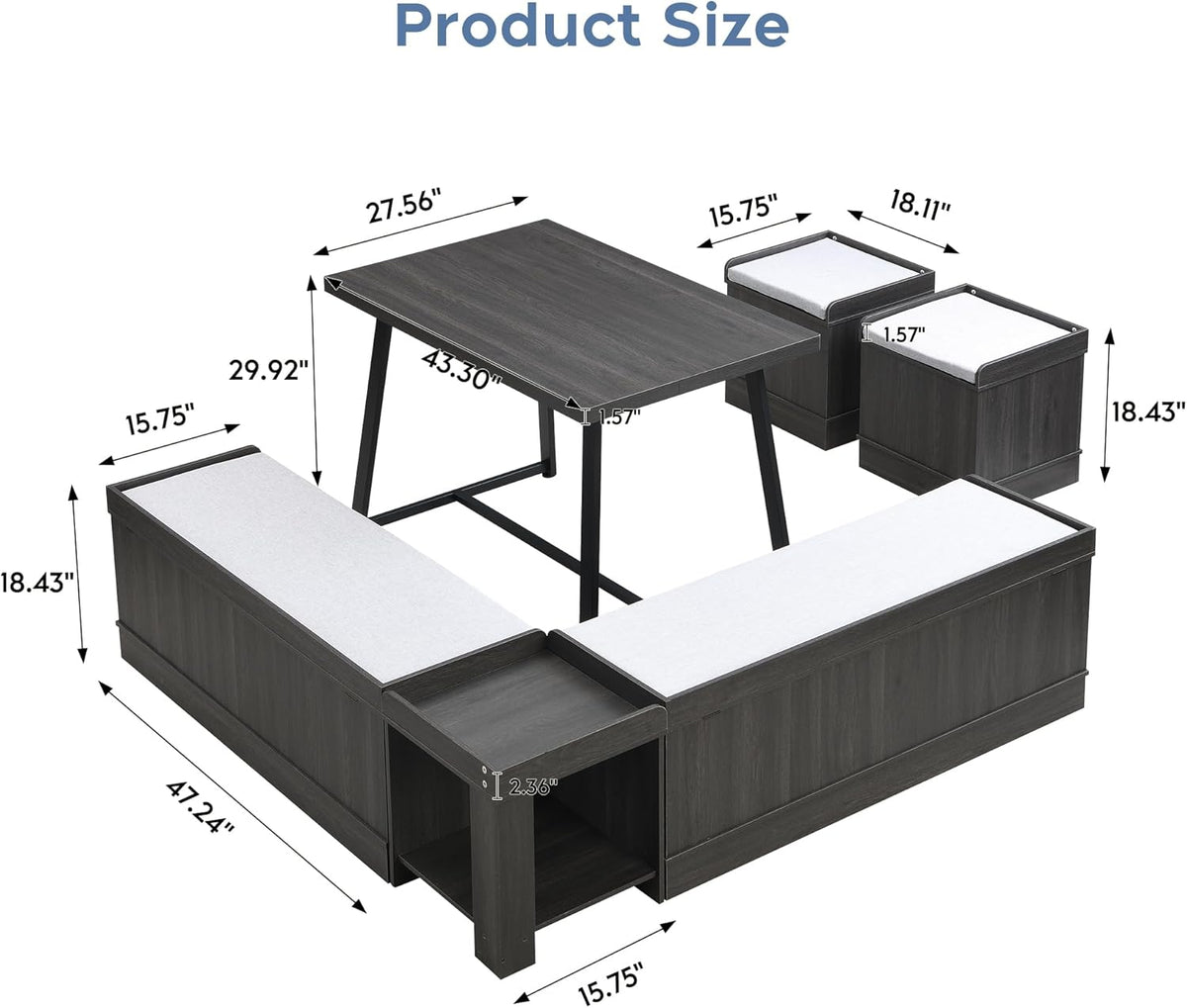 Brafab Corner Dining Table Set, 43 Inch Breakfast Nook Table Set with Bench with Hidden Storage & 2 Ottomans, 5-Piece Corner Bench Dining Table Set, Brown
