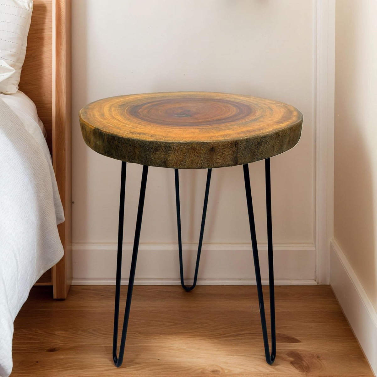 Live Edge End Table, About 15-18" W x 17" H Natural Edge Camphor Wood Stump Side Table for Living Room, Unique Desktop with Metal Hairpin Legs, Natural Wood Nightstand, Plant Stand