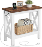 HOOBRO End Table with Charging Station, Farmhouse Narrow Side Table, 2-Tier with Storage Shelves, Slim Nightstand for Small Spaces, Living Room, Bedroom, White and Walnut WH360UBZ01
