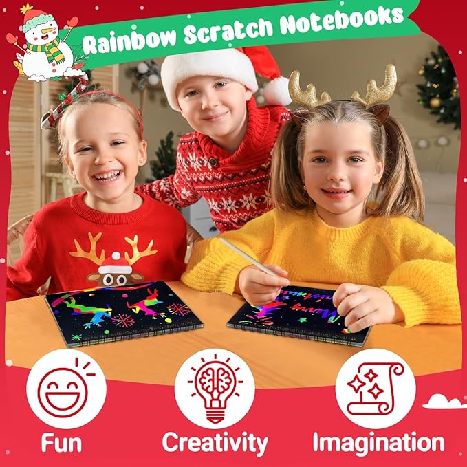 ZMLM Rainbow Scratch Party Favors Kids: Birthday Gifts Toy Bulk Scratch Art Notebook 24 Pack Birthday Goodie Bags Stuffers Girls Boys Art Craft Pad Classroom Prizes School Teacher Supplies (Christmas)
