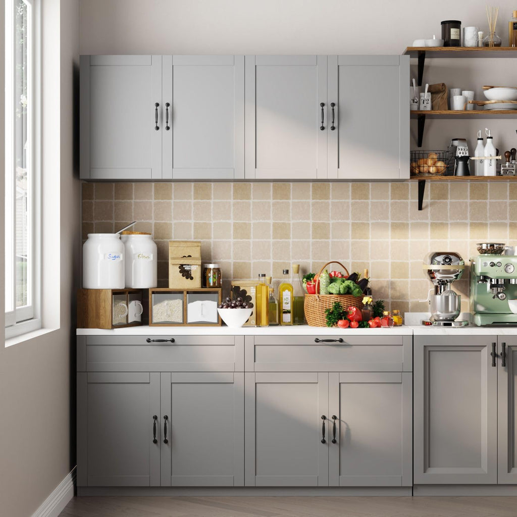 63" Kitchen Cabinet Set with Wall Mounted Cupboard and Buffet Sideboard, Pantry Storage Cabinet with Adjustable Shelves and Drawers, Shaker Style Kitchen Organizer, Grey and White