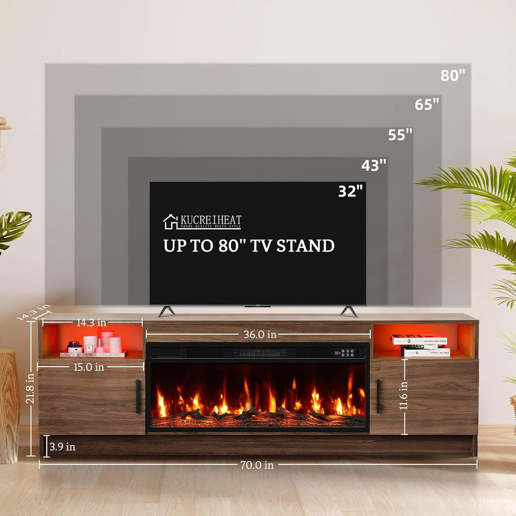 Kucreiheat Fireplace TV Stand for 65-80 inch TV, Large Entertainment Center with Fireplace & LED Lights,High Gloss Living Room Storage Cabinet,Walnut, 70''(Log)