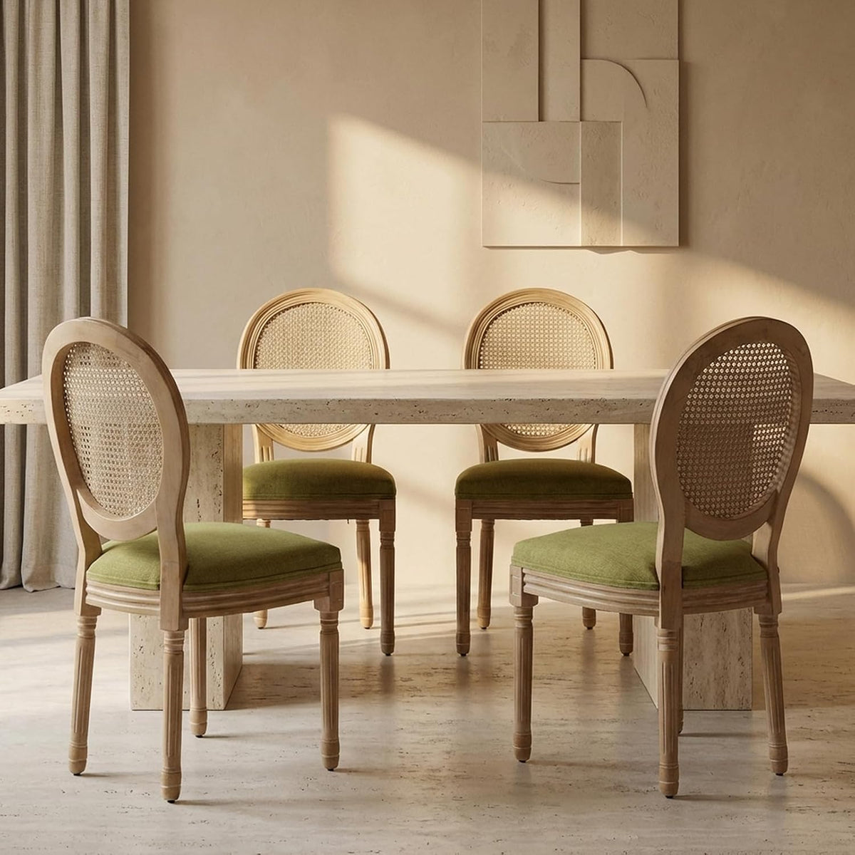 Vintage French Country Dining Chairs Set of 4, Rattan Dinning Chair with a Round Back, Olive Green Cane Dining Chair, Kitchen and Dining Room Chairs, Sillas para Comedor