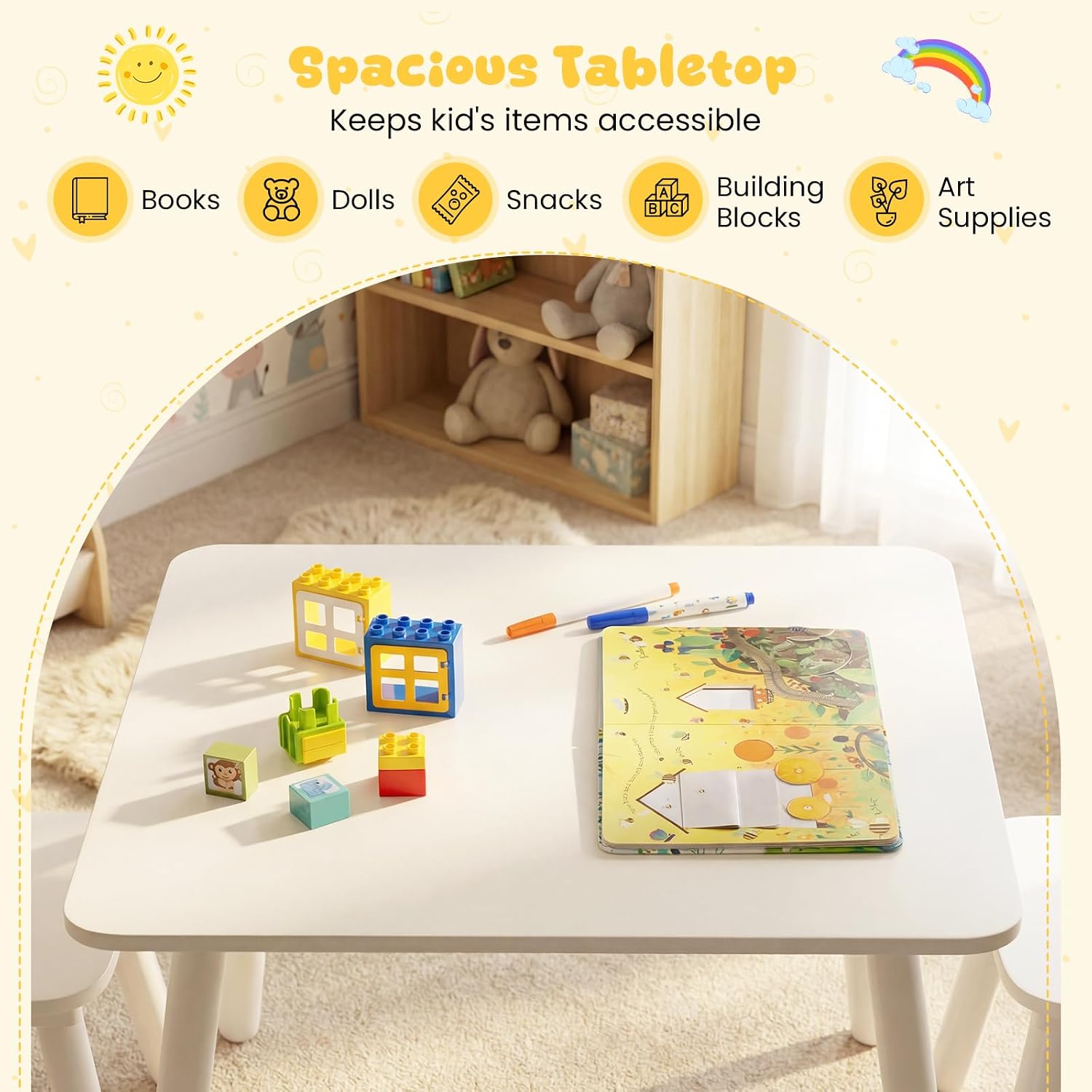 GLACER Kids Table and Chairs, 3-Piece Wooden Activity Table and Chair Set with Pine Legs & Windsor Back for Play, Reading & Learning, Playroom Nursery Furniture for Boys and Girls Ages 3+ (White)