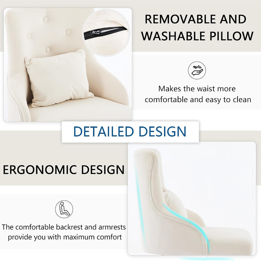 Velvet Vanity Chairs with Back, Upholstered Makeup Chair No Wheels with Metal Legs & Lumbar Pillow for Living Room/Makeup Room/Bedroom/Home Office/Kitchen