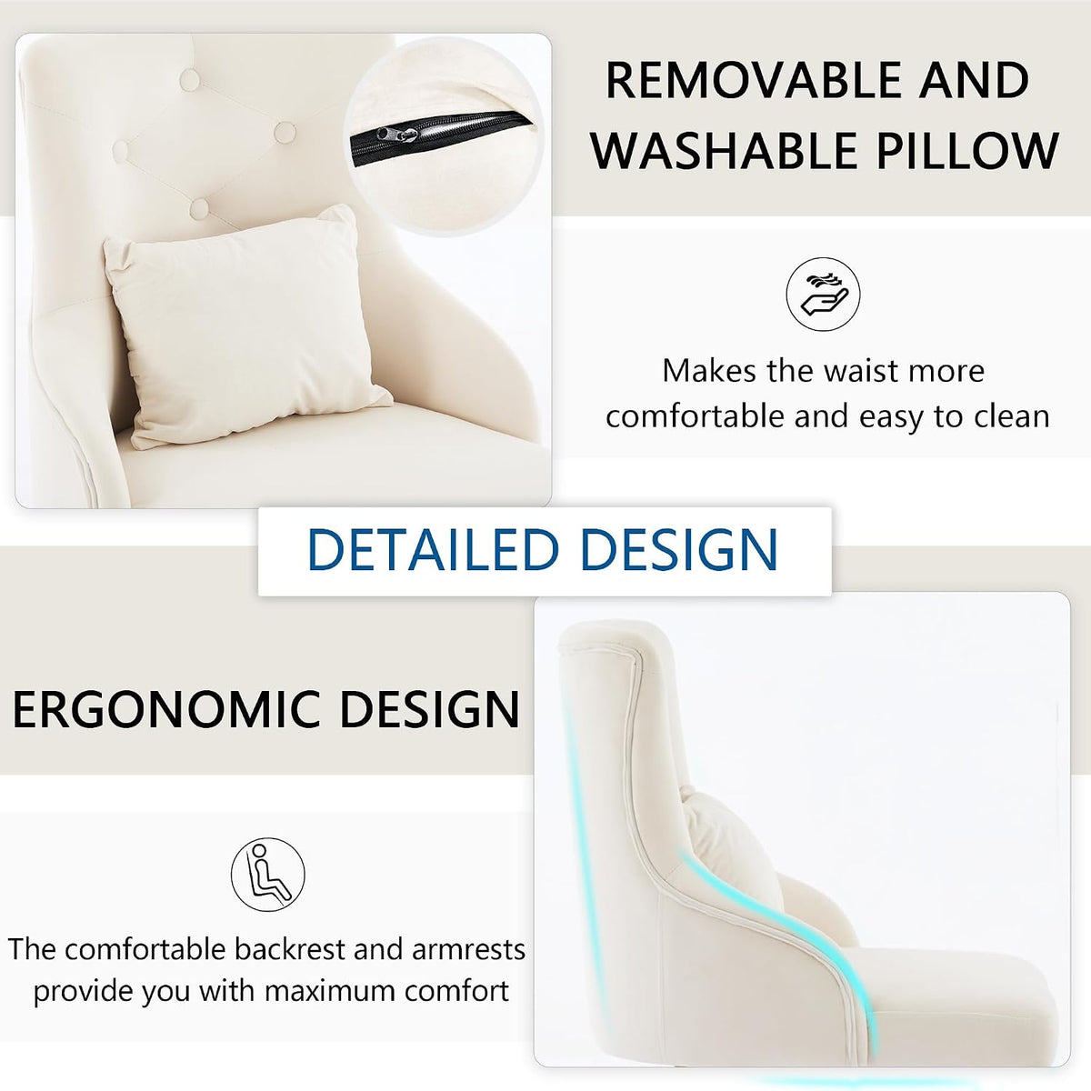 Velvet Vanity Chairs with Back, Upholstered Makeup Chair No Wheels with Metal Legs & Lumbar Pillow for Living Room/Makeup Room/Bedroom/Home Office/Kitchen