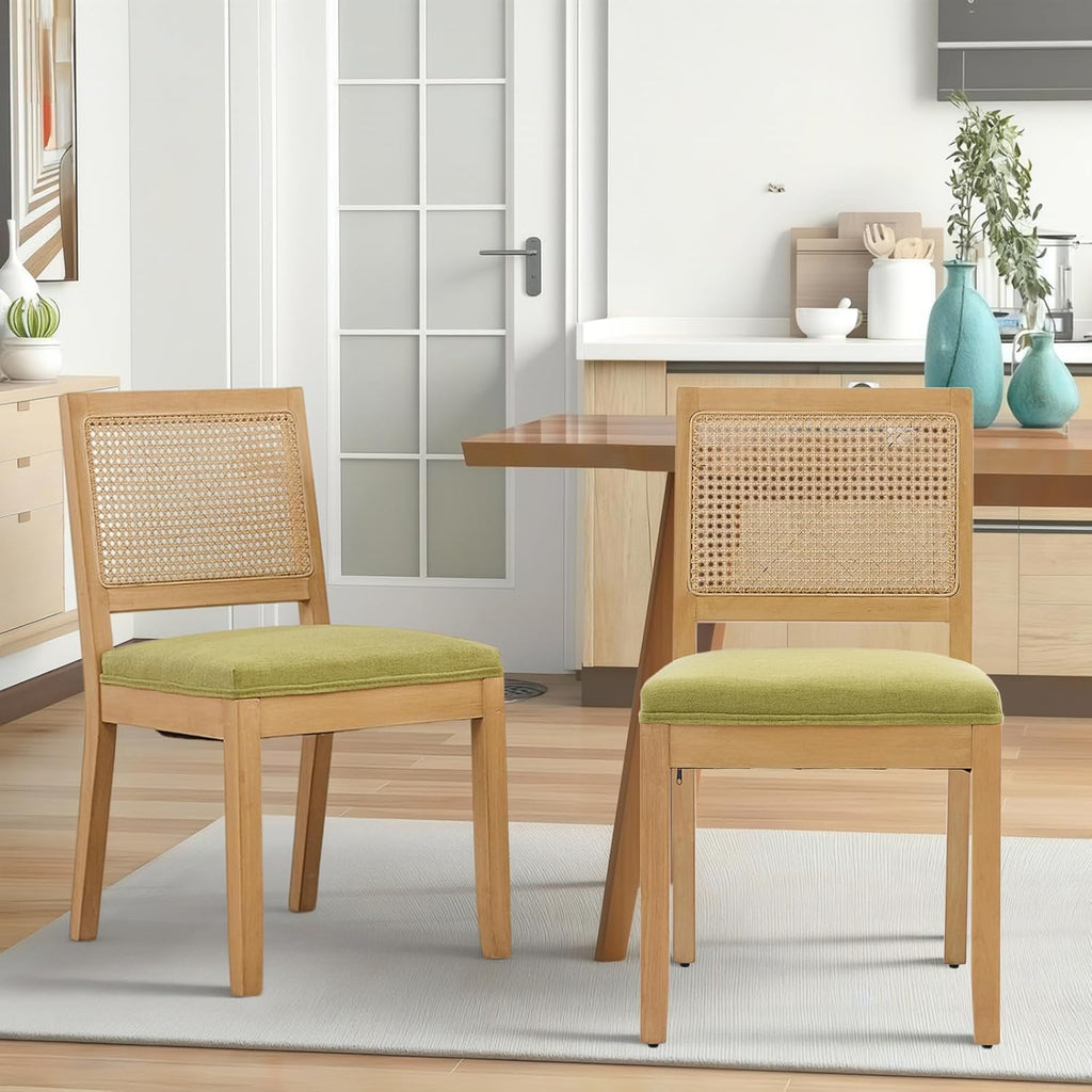 SoarFlash Kitchen French Dining Chairs Set of 4, Vintage Dining Chairs with Rattan Backrest, Wooden Framehouse Chairs for Living Room, Restaurant, Green