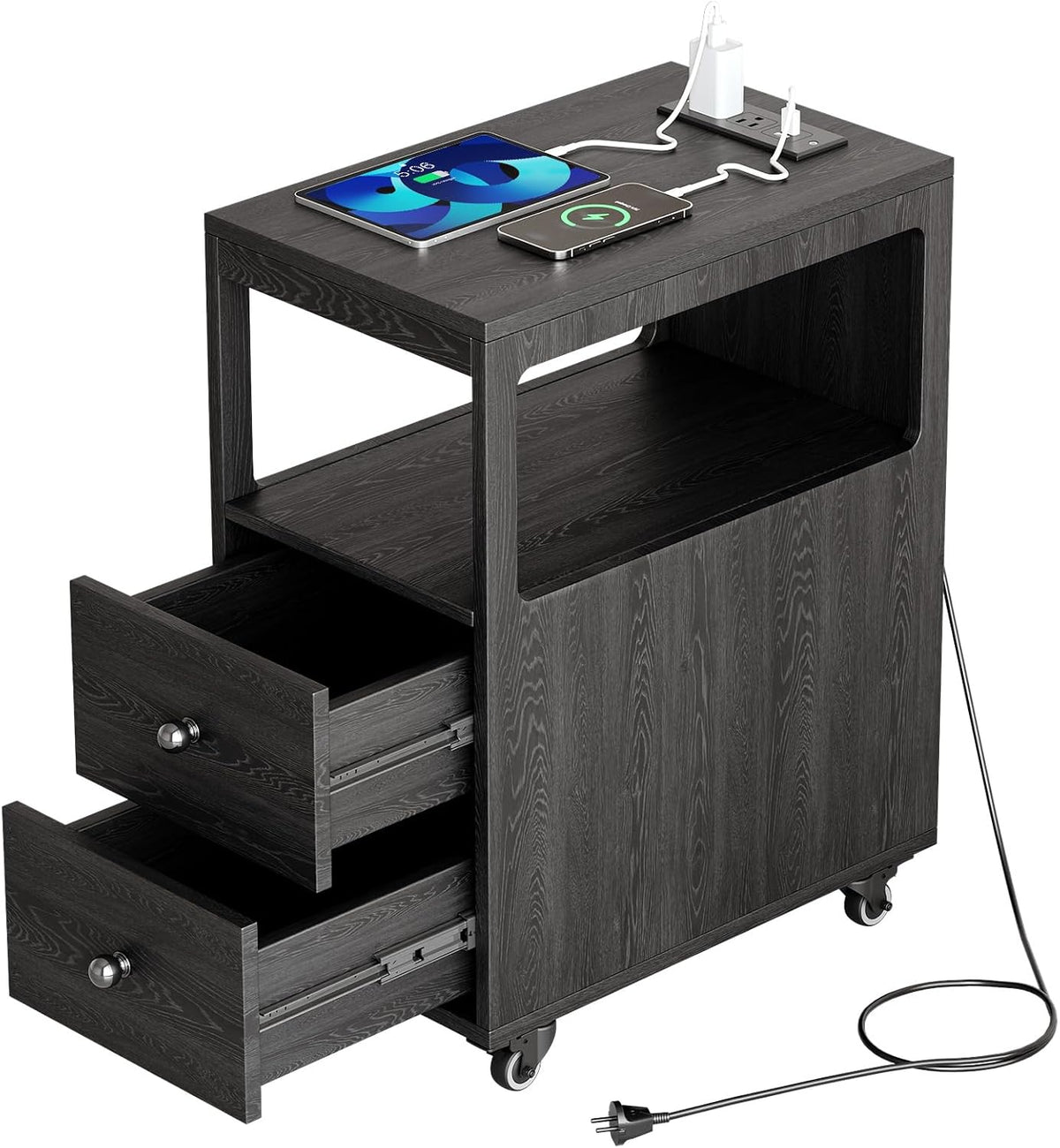 Narrow End Table with Charging Station and Wheels, Movable Narrow Sofa Side Table with USB Ports and Outlets for Small Space, Living Room, Bedroom and Office, Bedside with 4 Wheels (Black)