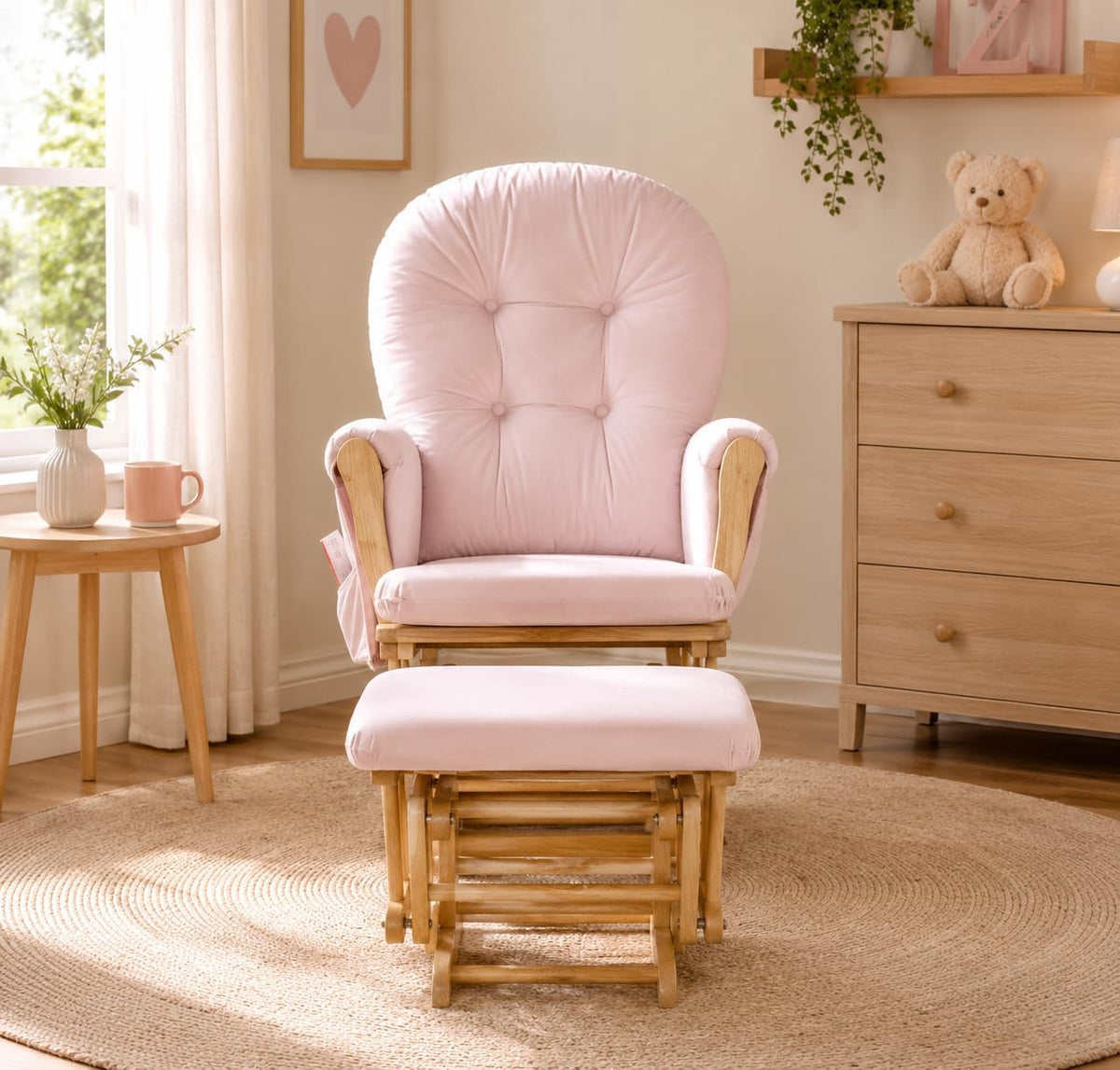 Suite Bebe Mason Glider & Ottoman, Poetic Natural Wood Finish and Pink Fabric