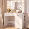 DUMOS Makeup Vanity Desk with Mirror and Lights, Charging Station | 11 LED Bulbs, Dressing Table, Large Cabinet, 2 Drawers, USB-C Power Outlet, 3 Color Adjustable Lighting, White