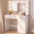 DUMOS Makeup Vanity Desk with Mirror and Lights, Charging Station | 11 LED Bulbs, Dressing Table, Large Cabinet, 2 Drawers, USB-C Power Outlet, 3 Color Adjustable Lighting, White