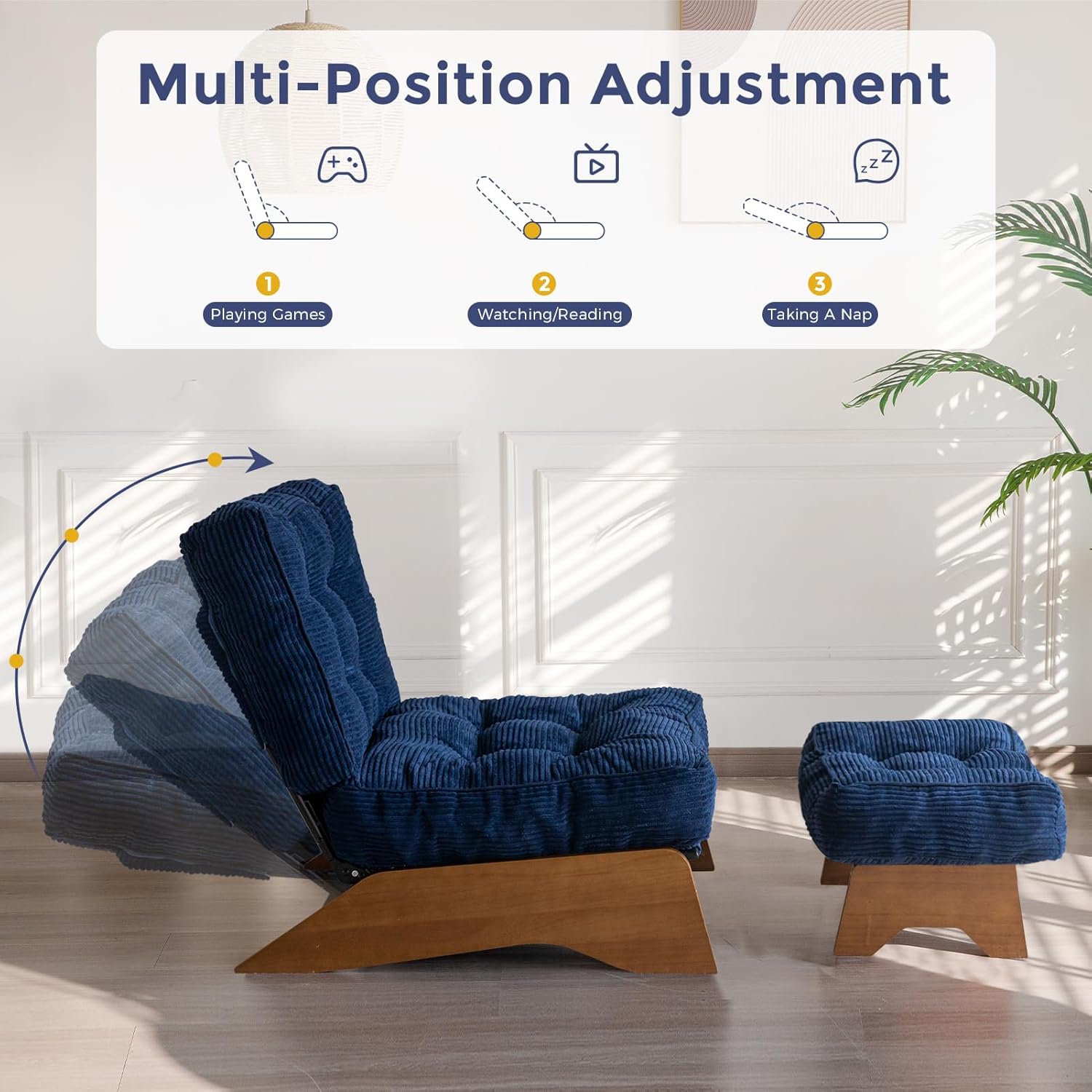 MAXYOYO Accent Chair with Ottoman, Lounge Chair with Adjustable Backrest | Tufted Living Room Chair Upholstered Lounge Chair with Footrest Set, Modern Chair for Reading Room, Navy