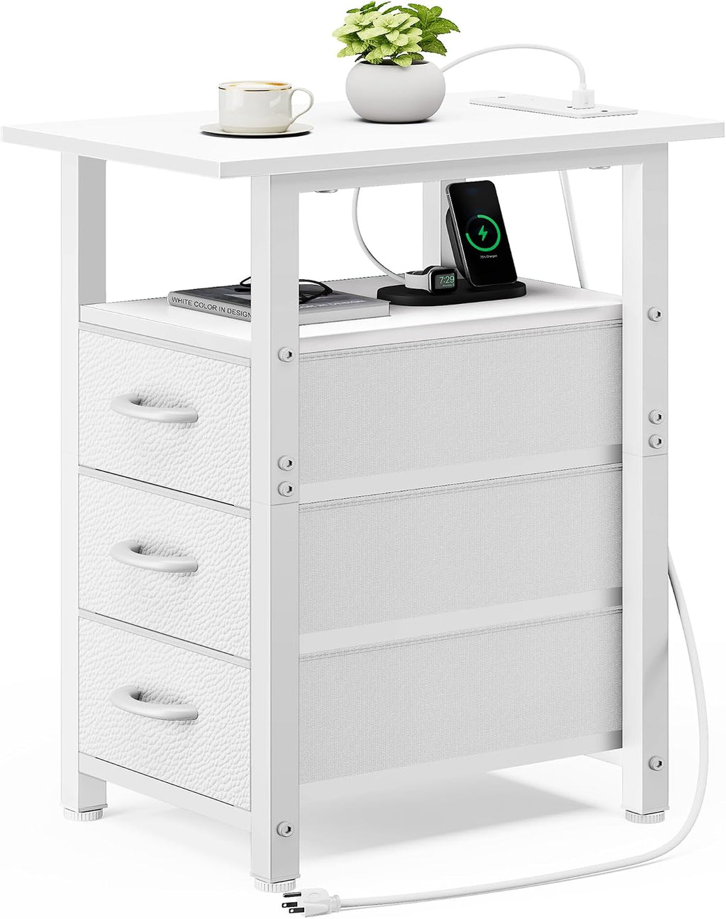 Vagusicc White End Table with Charging Station, Narrow Side Table, Narrow Nightstand with 3 Fabric Drawers, Slim Sofa Side Table for Small Spaces, Small Night Stand for Bedroom, White