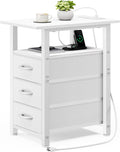 Vagusicc White End Table with Charging Station, Narrow Side Table, Narrow Nightstand with 3 Fabric Drawers, Slim Sofa Side Table for Small Spaces, Small Night Stand for Bedroom, White