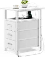 Vagusicc White End Table with Charging Station, Narrow Side Table, Narrow Nightstand with 3 Fabric Drawers, Slim Sofa Side Table for Small Spaces, Small Night Stand for Bedroom, White