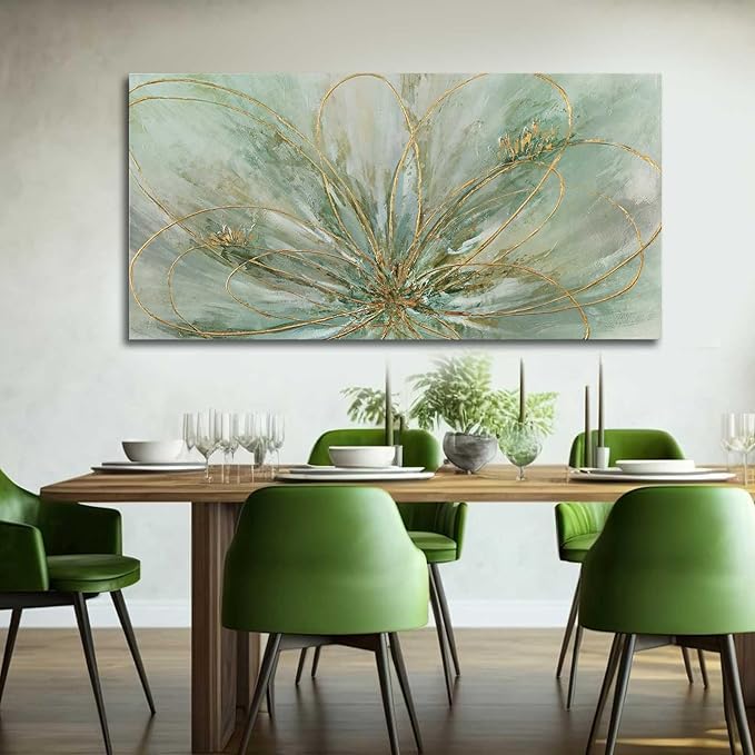 YJYart Green Flowers Canvas Wall Art Modern Paintings with Gold Foil Abstract Nature Wall Decorations for Home Office Living Room Bedroom 24" x 48"