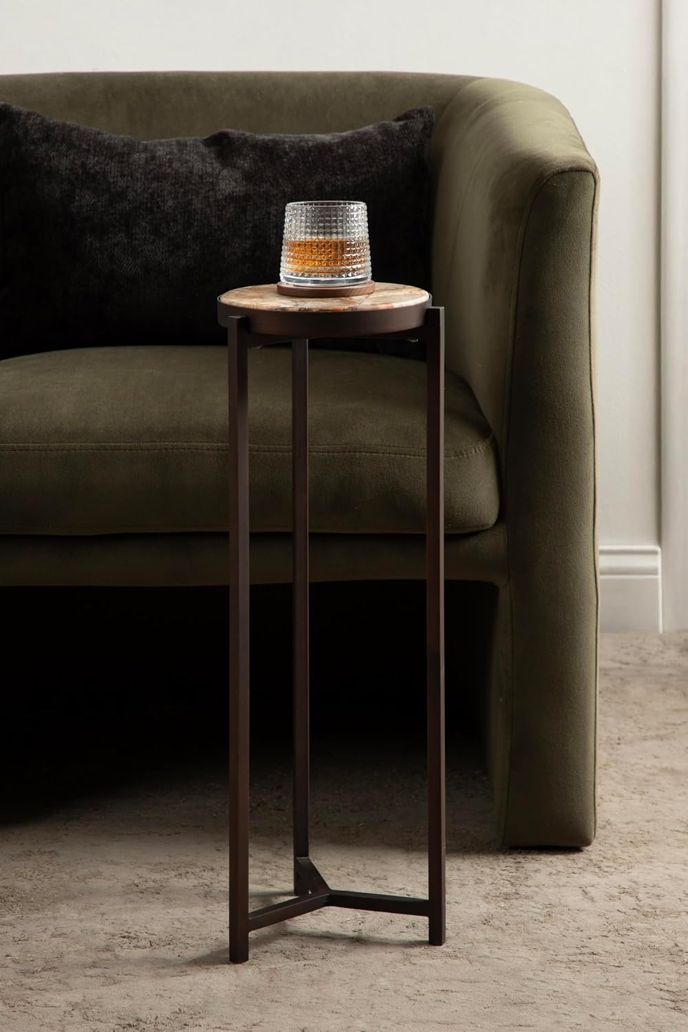 Kate and Laurel Aguilar Modern Drink Table, 9 x 9 x 23, Petrified Wood and Bronze, Unique Round Wood Mini Stand for Use as Bathroom Accent or Pedestal Martini Table