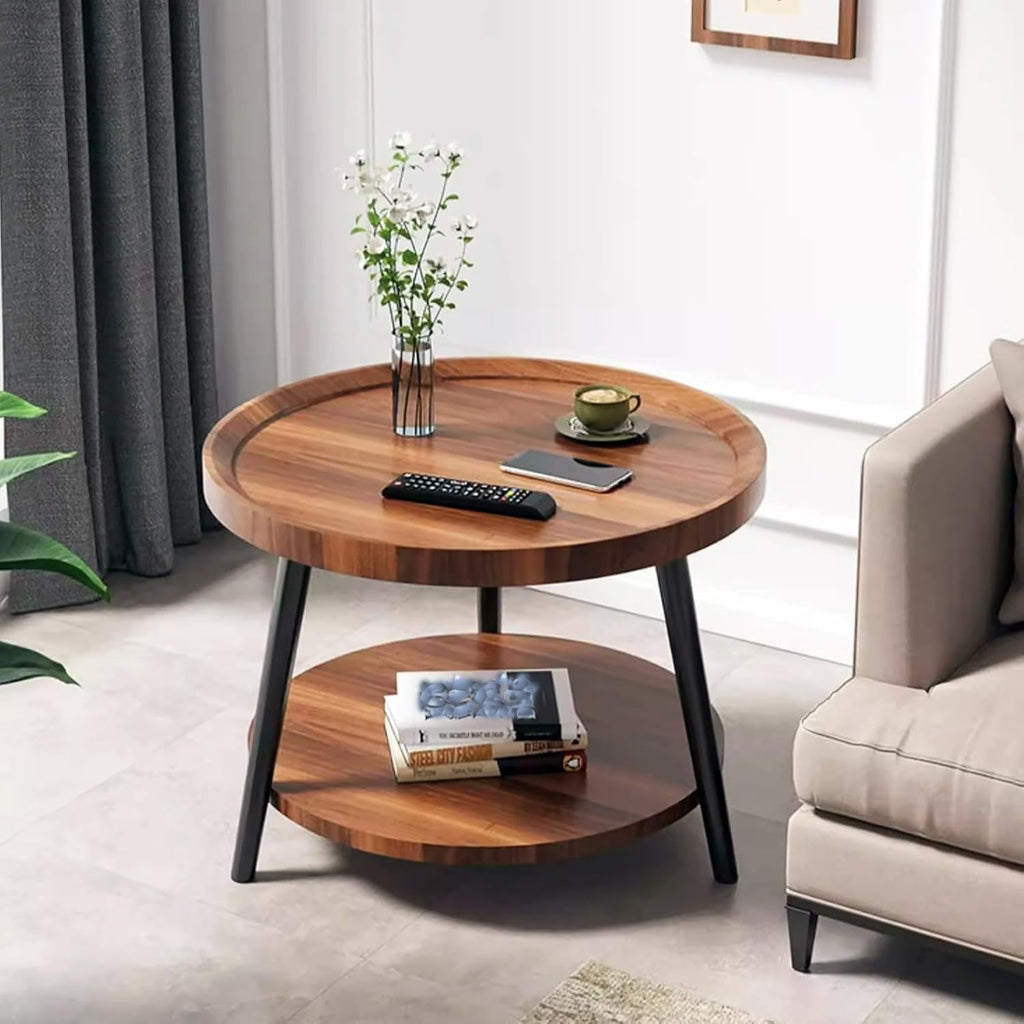 Small Round Side Table, 2-Tier Mid Century Modern Side Table, Round End Table Small End Table for Living Room, Metal Frames, Brown
