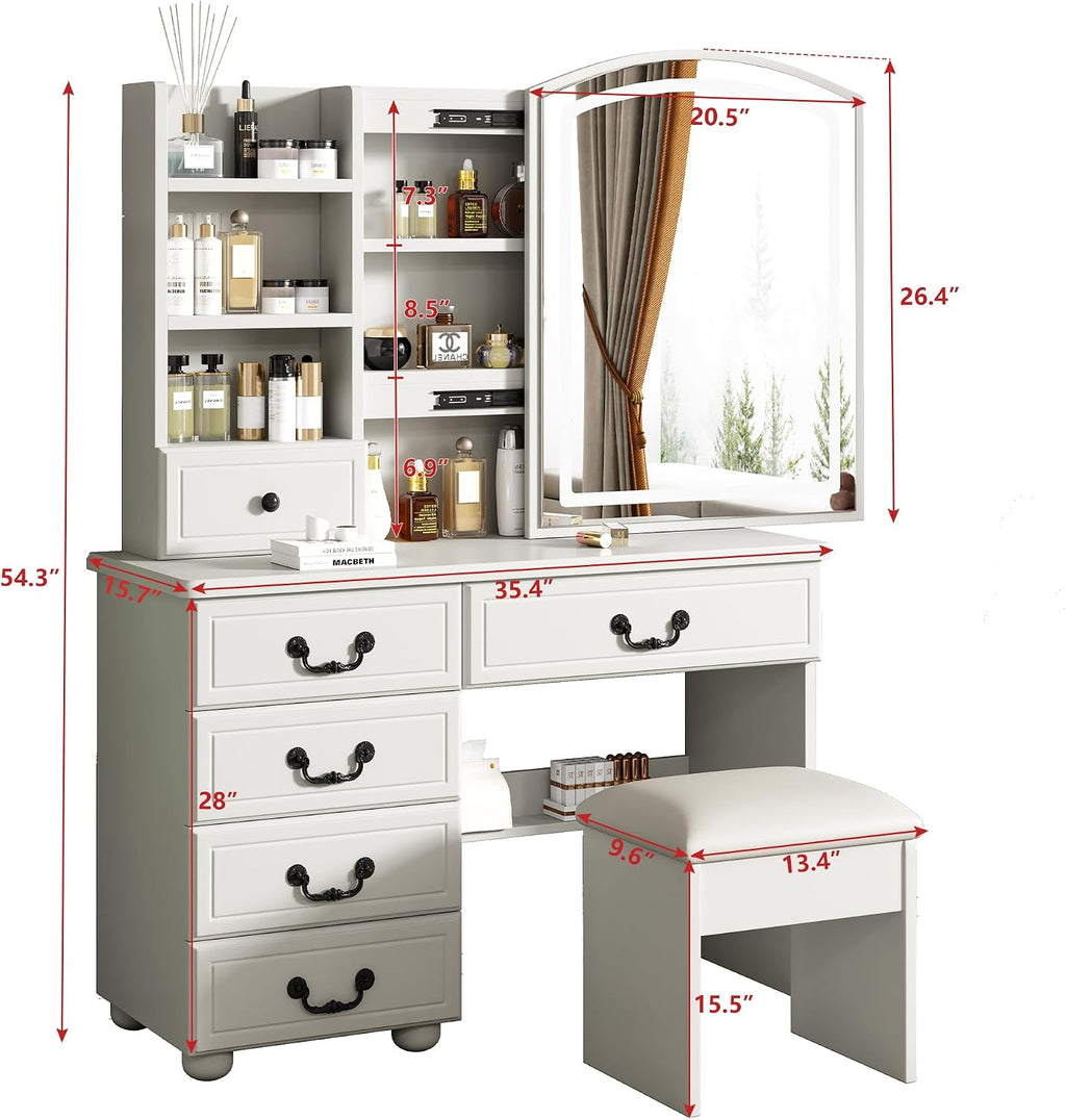 Vanity Desk Set with Lighted Mirror and Upholstered Stool, Vanity Table with Sliding Mirror LED Lighted - 3 Color Models, Makeup Desk with 6 Drawers & 5 Shelves & Stool, Makeup Table for Bedroom Apt