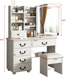Vanity Desk Set with Lighted Mirror and Upholstered Stool, Vanity Table with Sliding Mirror LED Lighted - 3 Color Models, Makeup Desk with 6 Drawers & 5 Shelves & Stool, Makeup Table for Bedroom Apt