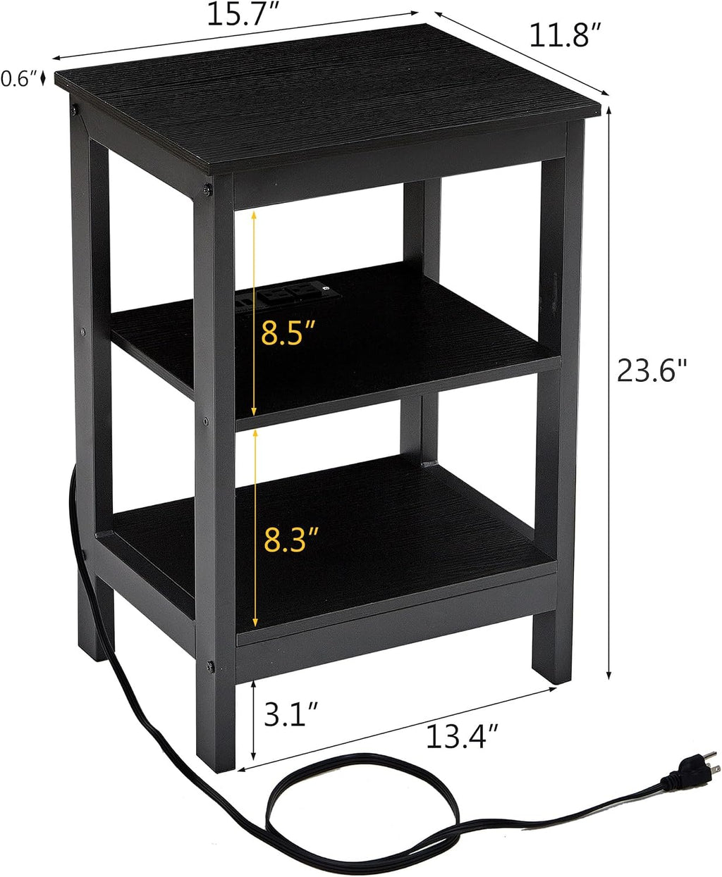 VECELO End Table with Charging Station and USB Ports, Small Wood Nightstand Modern Style, 24" Tall Living Room Side Table with 3-Tier Storage Shelves for Small Spaces, Office, Bedroom, Classic Black