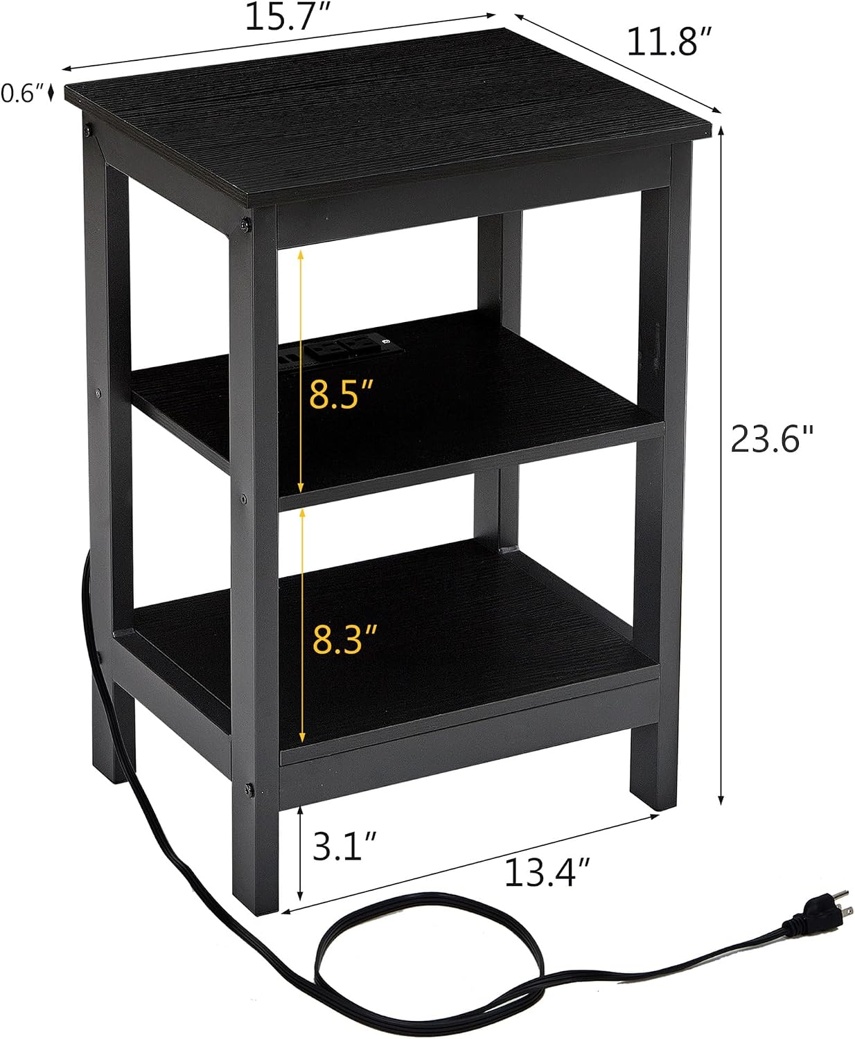 VECELO End Table with Charging Station and USB Ports, Small Wood Nightstand Modern Style, 24" Tall Living Room Side Table with 3-Tier Storage Shelves for Small Spaces, Office, Bedroom, Classic Black